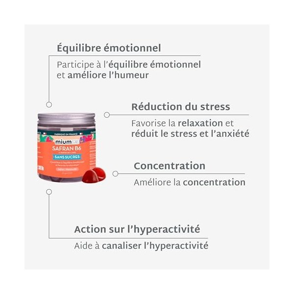 Mium Lab - Gummies Safran B6 - Hautement dosé 40mg Safran et Vitamine B6 - Complément alimentaire Enfants et Adultes - Cure 9...