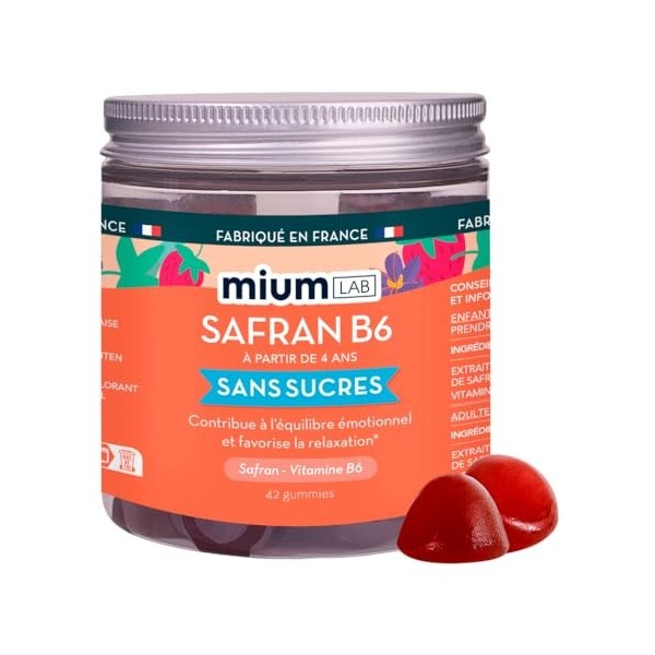 Mium Lab - Gummies Safran B6 - Hautement dosé 40mg Safran et Vitamine B6 - Complément alimentaire Enfants et Adultes - Cure 9...