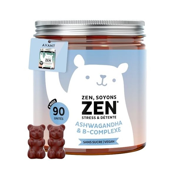 Zen Soyons Zen – Gummies avec 85mg dAshwagandha – Stress et Détente – Complexe B avec vitamines B12, B1, B2 et B6, L-théanin ...