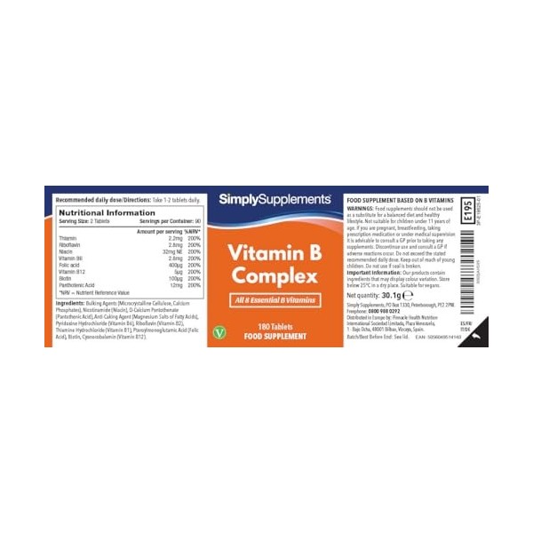 Complexe de Vitamines B | 360 Comprimés Végétaliens | Complément Alimentaire Naturel pour Jusqu’à 1 An d’Utilisation | Soutie