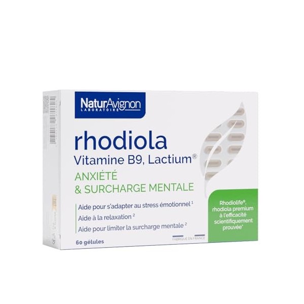 NaturAvignon Rhodiola Vitamine B9, Lactium| Complément alimentaire anti stress adulte, surcharge mentale, anxiété I vitamine