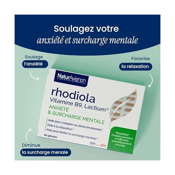 NaturAvignon Rhodiola Vitamine B9, Lactium| Complément alimentaire anti stress adulte, surcharge mentale, anxiété I vitamine