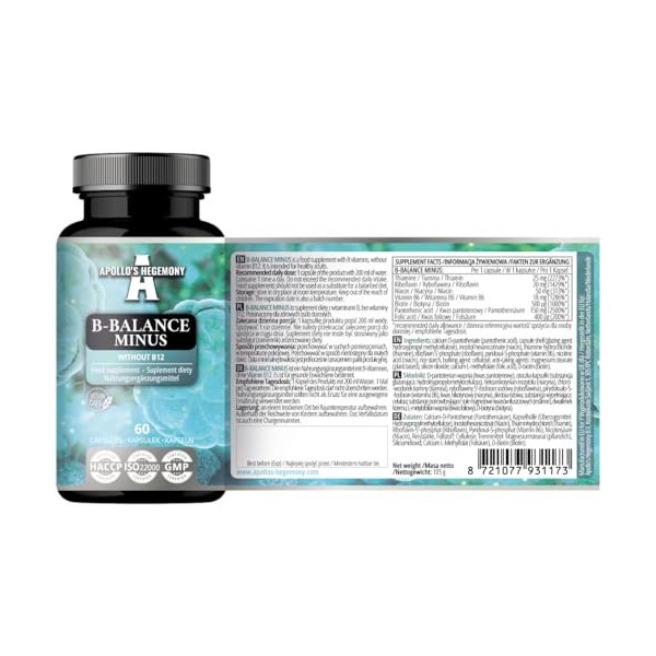 B-Balance Minus - 60 gélules végétaliennes - Excluant la B12 pour des stratégies de santé personnalisées - Complexe B complet