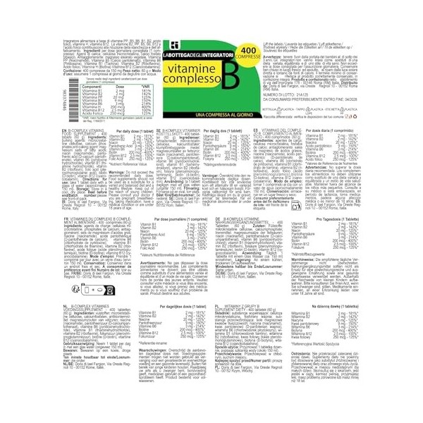 Vitamines du complexe B 400 comprimés, 1 par jour | Convient aux végétariens | Fatigue | Système immunitaire | Énergie | Beau