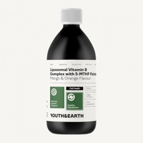 Youth & Earth Liposomal Vitamin B Complex with 5-MTHF Folate 250ml Mango and Orange Flavour - Energy Booster - Stress Support