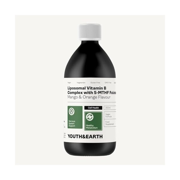 Youth & Earth Liposomal Vitamin B Complex with 5-MTHF Folate 250ml Mango and Orange Flavour - Energy Booster - Stress Support