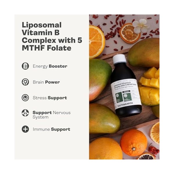 Youth & Earth Liposomal Vitamin B Complex with 5-MTHF Folate 250ml Mango and Orange Flavour - Energy Booster - Stress Support