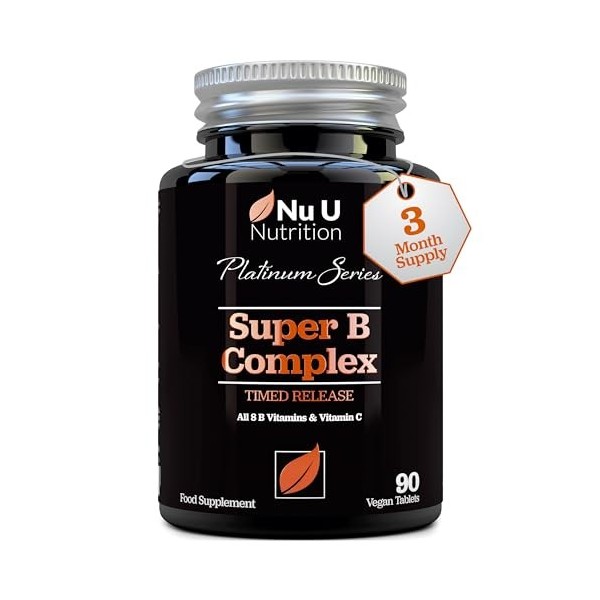 Complexe de Vitamines B - 8 Vitamines B & Vitamines C de Puissance Élevée - Vitamines B1, B2, B3, B5, B6, B8, B9 & B12-90 Com