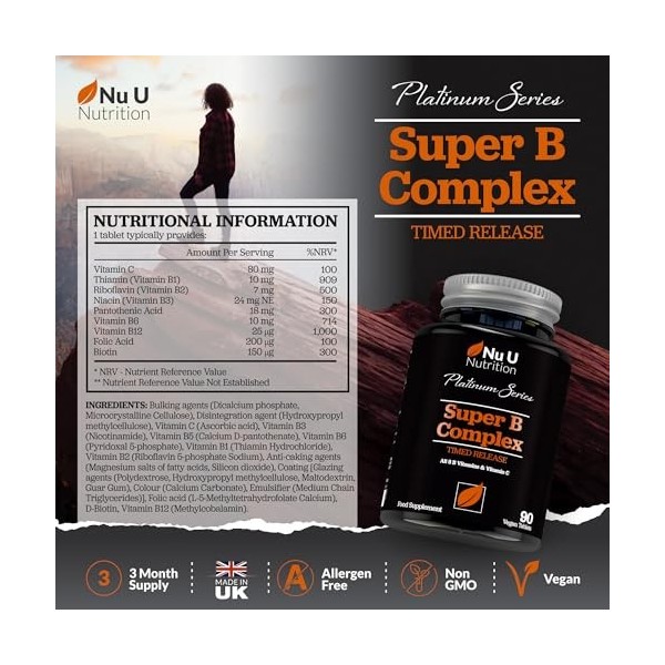 Complexe de Vitamines B - 8 Vitamines B & Vitamines C de Puissance Élevée - Vitamines B1, B2, B3, B5, B6, B8, B9 & B12-90 Com