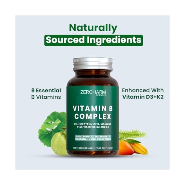 ZEROHARM Complexe de vitamines B avec D3 et K2 Vitamines B1 à B12 dorigine végétale issues de la goyave et de la spiruline S