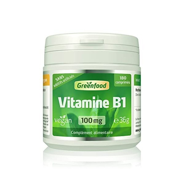 Greenfood Vitamine B1, 100 mg, dose élevée, 180 comprimés, vegan, sans additifs artificiels - Sans génie génétique.