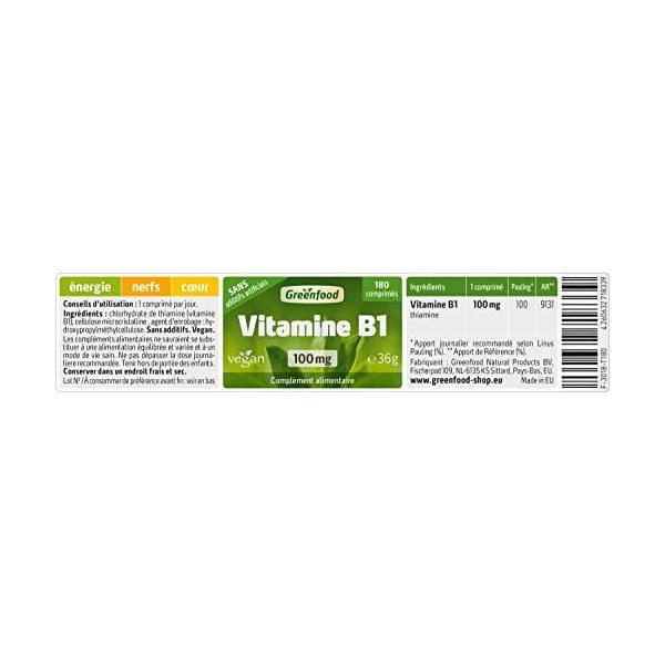 Greenfood Vitamine B1, 100 mg, dose élevée, 180 comprimés, vegan, sans additifs artificiels - Sans génie génétique.
