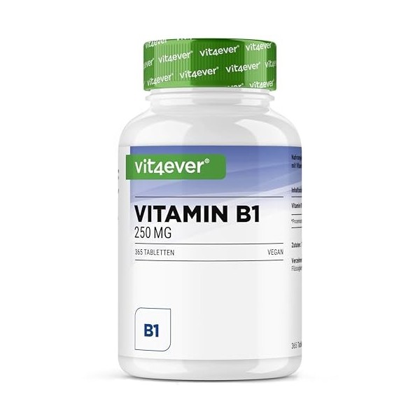 Vitamine B1 Thiamine - 250 mg - 365 Comprimés - Premium : Thiamine Hydrochloride - Haute biodisponibilité - Réserve de 12 m