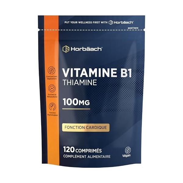 Vitamine B1 Thiamine 100mg | 120 Comprimés Végétaliens | Supplément Pour la Santé Cardiaque | Hautement dosé | Soutient Métab
