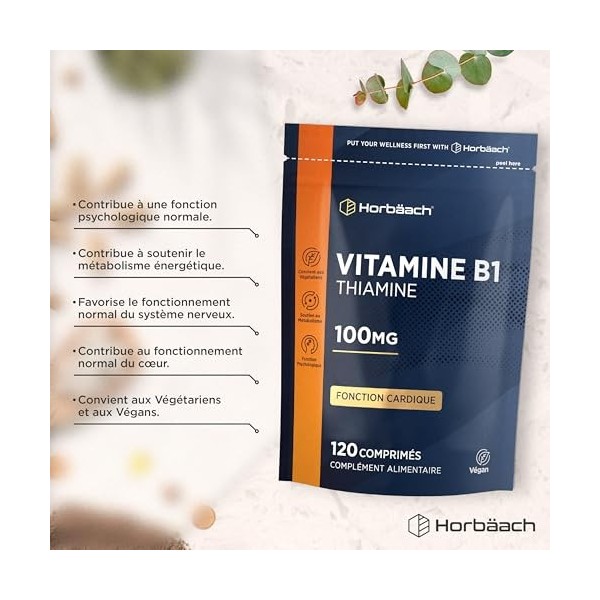 Vitamine B1 Thiamine 100mg | 120 Comprimés Végétaliens | Supplément Pour la Santé Cardiaque | Hautement dosé | Soutient Métab