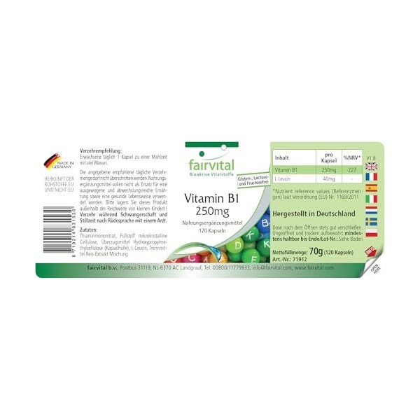 Fairvital | Vitamine B1 Thiamine 250mg - 120 gélules - qualité contrôlée et haute dose - 100% végétalien - Made in Germany