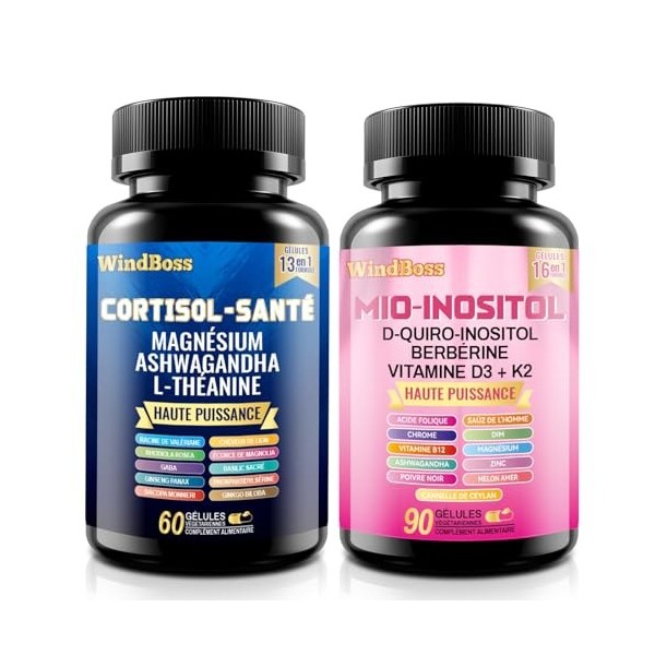 WindBoss 60 + 90 capsules Ensemble de capsules Myo-inositol et de cortisol, naturel, sans additifs et végétalien
