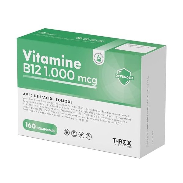 Vitamine B12 1000 mcg et Acide Folique 400 mcg 160 microcomprimés à Haute Dose - Cyanocobalamine et Folate Vegan pour la Fati