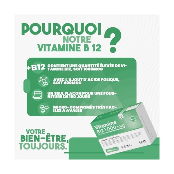 Vitamine B12 1000 mcg et Acide Folique 400 mcg 160 microcomprimés à Haute Dose - Cyanocobalamine et Folate Vegan pour la Fati