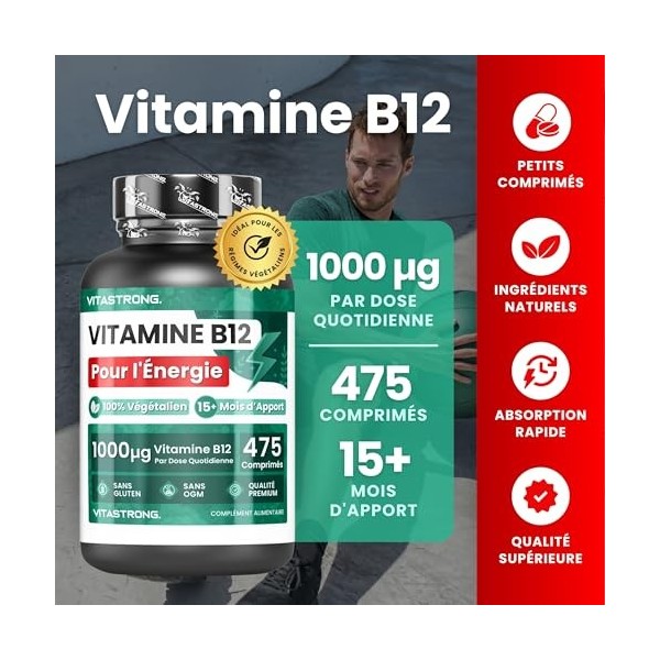 Vitamine B12 1000mcg, 475 Comprimés Véganes, 1 par Jour 15+ Mois B12 Vitamine pour Énergie, Fatigue et Système Immunitaire,