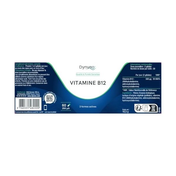 Vitamine B12 active - 3 formes bioactives méthylcobalamine, adénosylcobalamine, hydroxycobalamine - Haute biodisponibilité 