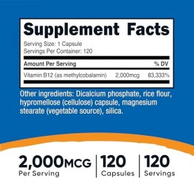 Nutricost Vitamine B12 méthylcobalamine 2 000 mcg, 120 capsules - Complément végétarien, sans OGM ni gluten
