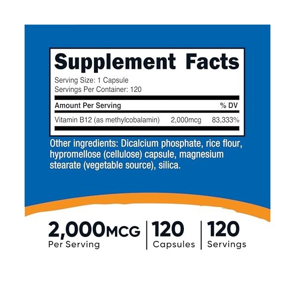 Nutricost Vitamine B12 méthylcobalamine 2 000 mcg, 120 capsules - Complément végétarien, sans OGM ni gluten