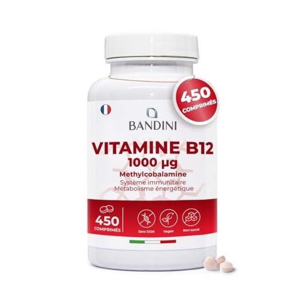Bandini® Vitamine B12 1000mcg Haute Dose, 450 comprimés 14 Mois , Methylcobalamin 1000µg pure et disponibile, 100% Vegan, Vi