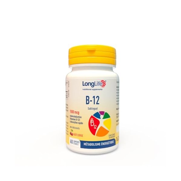 LongLife® B12 1000 mcg | Vitamine B-12 | Formule exclusive sublinguale à haute dose | Absorption élevée | 2 mois de traitemen