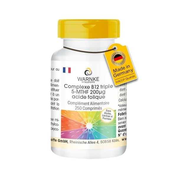 Vitamine B12 complexe triple 5-MTHF 200 μg dacide folique - 250 comprimés - HAUTEMENT DOSÉ - Qualité pharmaceutique allemand