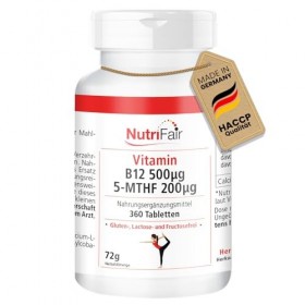 Vitamine B12 500μg 5-MTHF 200μg - 360 Comprimés - Méthylcobalamine - Acide folique actif - Hautement dosé - 100% Végétalien -