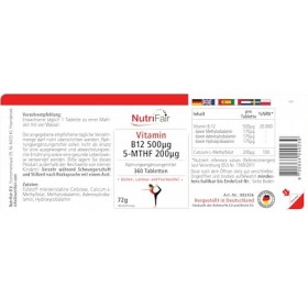 Vitamine B12 500μg 5-MTHF 200μg - 360 Comprimés - Méthylcobalamine - Acide folique actif - Hautement dosé - 100% Végétalien -