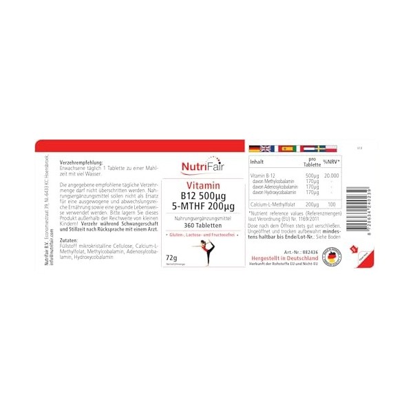 Vitamine B12 500μg 5-MTHF 200μg - 360 Comprimés - Méthylcobalamine - Acide folique actif - Hautement dosé - 100% Végétalien -