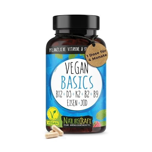 Vegan Basics - Vitamine B12+D3+K2+B2+B9 Acide folique + Fer + Iode - Complexe de 120 gélules 4 mois de stockage