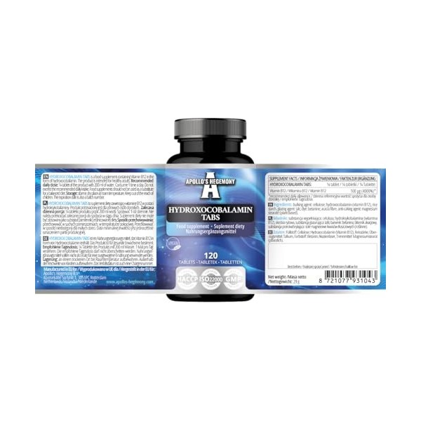 Hydroxocobalamine 100 µg par portion - Vitamine B12-120 comprimés végétaliens - 480 portions - Soutient le système nerveux et