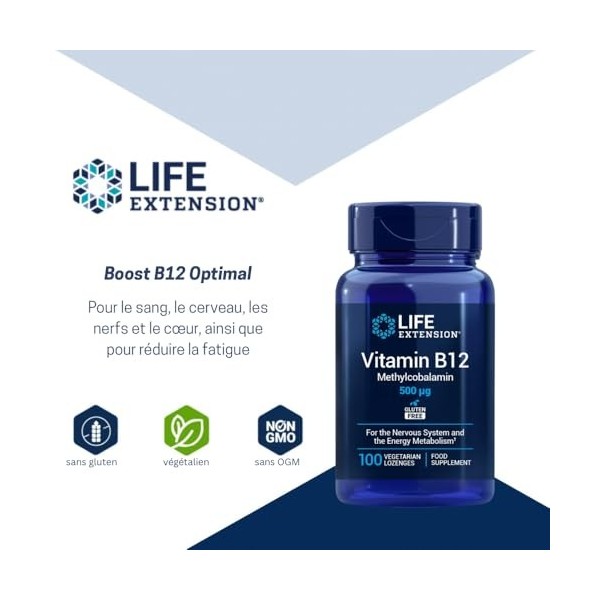 Life Extension - Vitamine B12 Méthylcobalamine 500 mcg, 100 Comprimés à Sucer Végétariens – Soutien pour lÉnergie, le Systèm