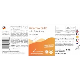 Vitamine B12 avec Acide Folique – 500μg Vitamine B12 & 100μg Acide folique - Végan - ! POUR 6 MOIS ! – Hautement dosé - Boite