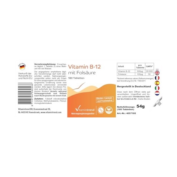 Vitamine B12 avec Acide Folique – 500μg Vitamine B12 & 100μg Acide folique - Végan - ! POUR 6 MOIS ! – Hautement dosé - Boite