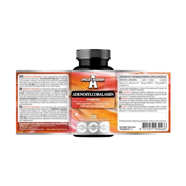 Adénosylcobalamine 120 comprimés - Vitamine B12 biodisponible optimale pour un métabolisme énergétique amélioré - 480 portion
