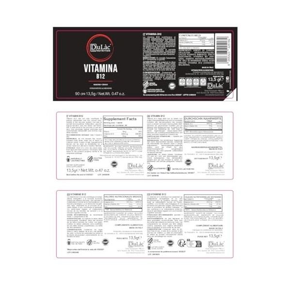 Dulàc - Vitamine B12, 90 Comprimés, Complément Alimentaire, Énergie et Vitalité