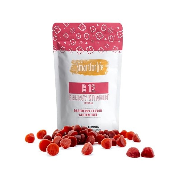 Lot de 60 bonbons gélifiés à la vitamine B12 – Saveur framboise – Idéal pour augmenter le métabolisme et lénergie – Soutien 