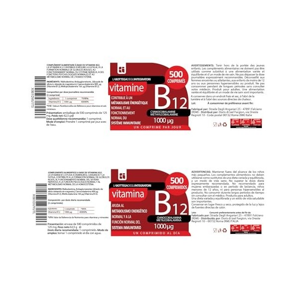 Vitamine B12 1000 mcg 500 comprimés 1 par jour | sans gluten ni lactose | nest pas dorigine animale | cyanocobalamine et mé