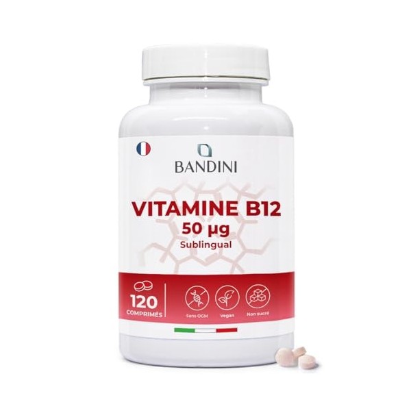 Bandini® Vitamine B12 sublinguale 120 comprimés - Cyanocobalamine 50 µg - Vitamin B-12 pour le Système immunitaire, le métabo
