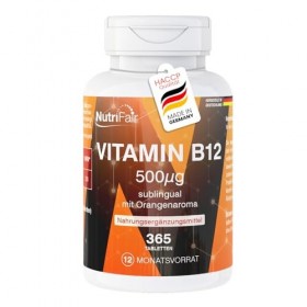 Vitamine B12 500μg pastilles - 365 comprimés sublinguaux - Goût orange - Méthylcobalamine - Dosage élevé - 100% végan - Produ