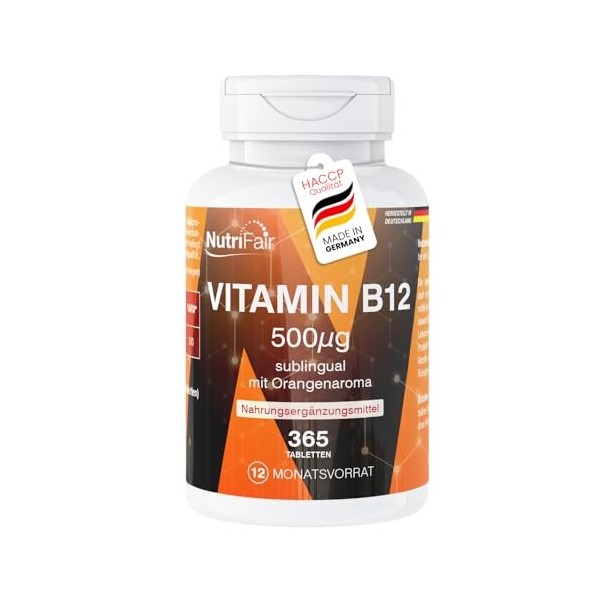 Vitamine B12 500μg pastilles - 365 comprimés sublinguaux - Goût orange - Méthylcobalamine - Dosage élevé - 100% végan - Produ