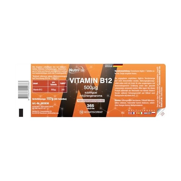 Vitamine B12 500μg pastilles - 365 comprimés sublinguaux - Goût orange - Méthylcobalamine - Dosage élevé - 100% végan - Produ