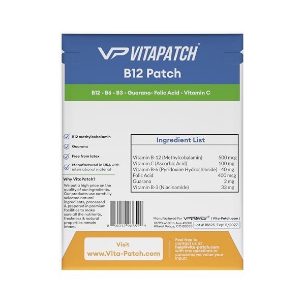 VitaPatch Lot de 75 patchs B12 pour Energy Plus – B12 avec méthylcobalamine et guarana