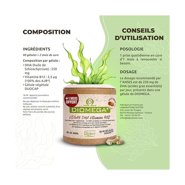 Dioméga Équilibre Cérébral, Oméga 3 végan, DHA d’Algues + Vitamine B12 – Complément Alimentaire végan - Mémoire, Concentratio