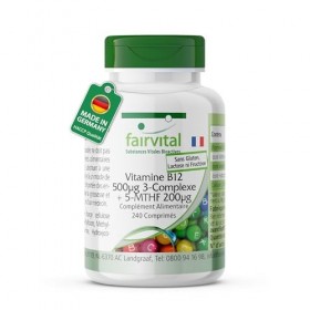 Fairvital | Vitamine B12 500μg complexe triple + 5-MTHF 200μg - 240 comprimés - faciles à avaler - qualité contrôlée et haute