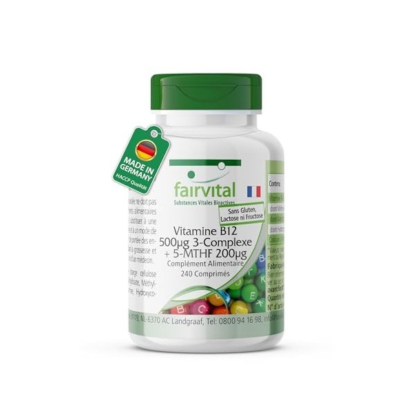 Fairvital | Vitamine B12 500μg complexe triple + 5-MTHF 200μg - 240 comprimés - faciles à avaler - qualité contrôlée et haute